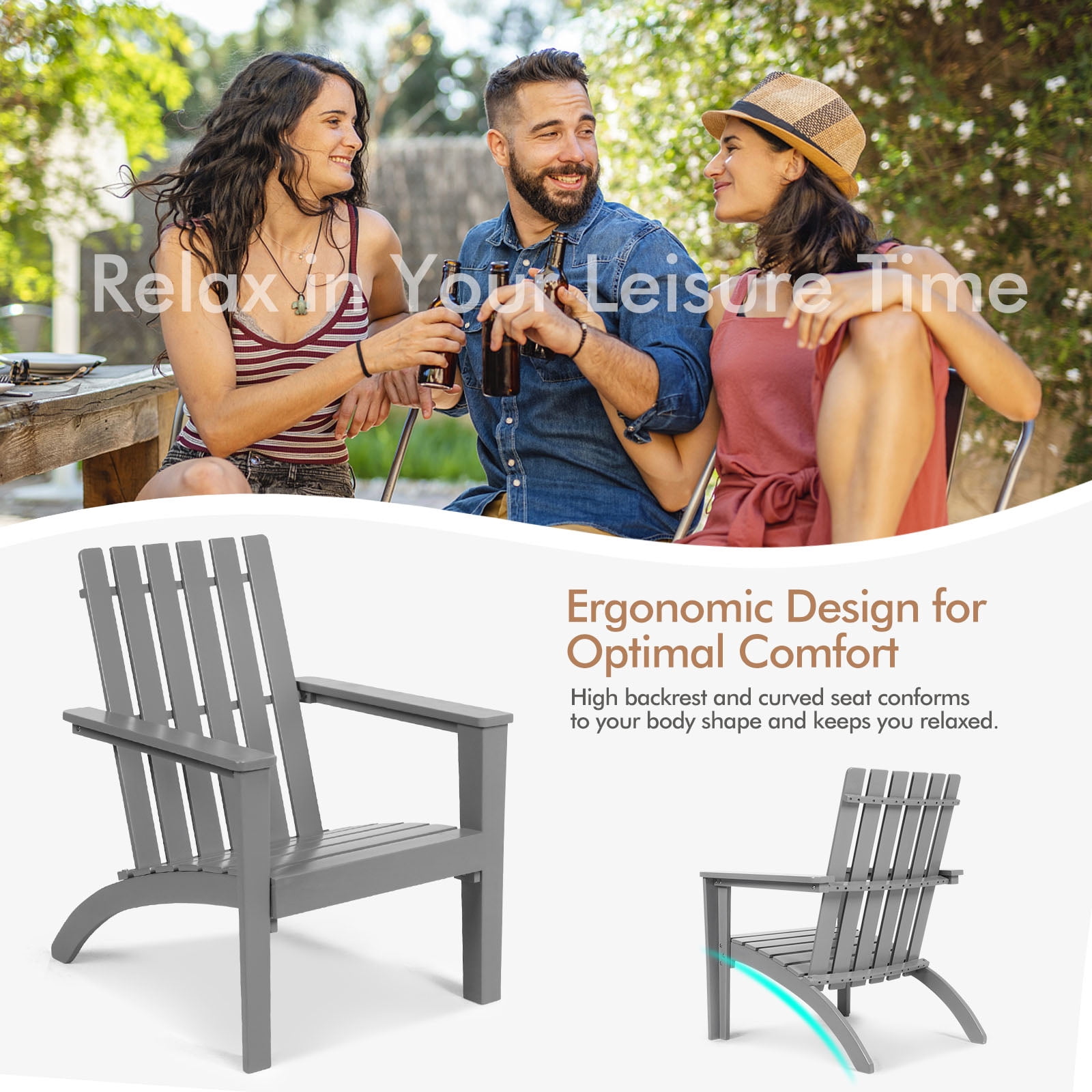 Patiojoy Wooden Adirondack Chair W/Ergonomic Design Outdoor Lounge Armchair Acacia Wood chair for Yard&Patio Gray