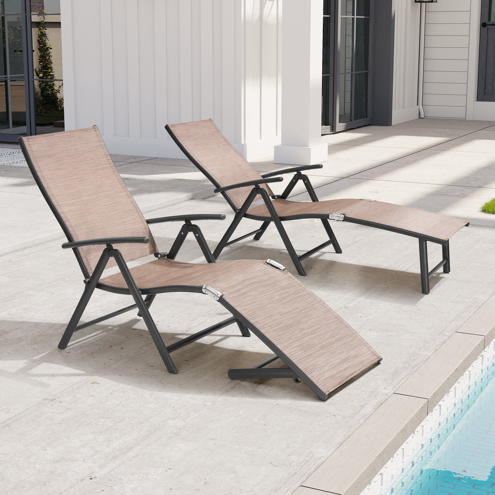 Crestlive Products 2PCS Espresso Outdoor Chaise Lounge Chairs Aluminum Folding Recliners