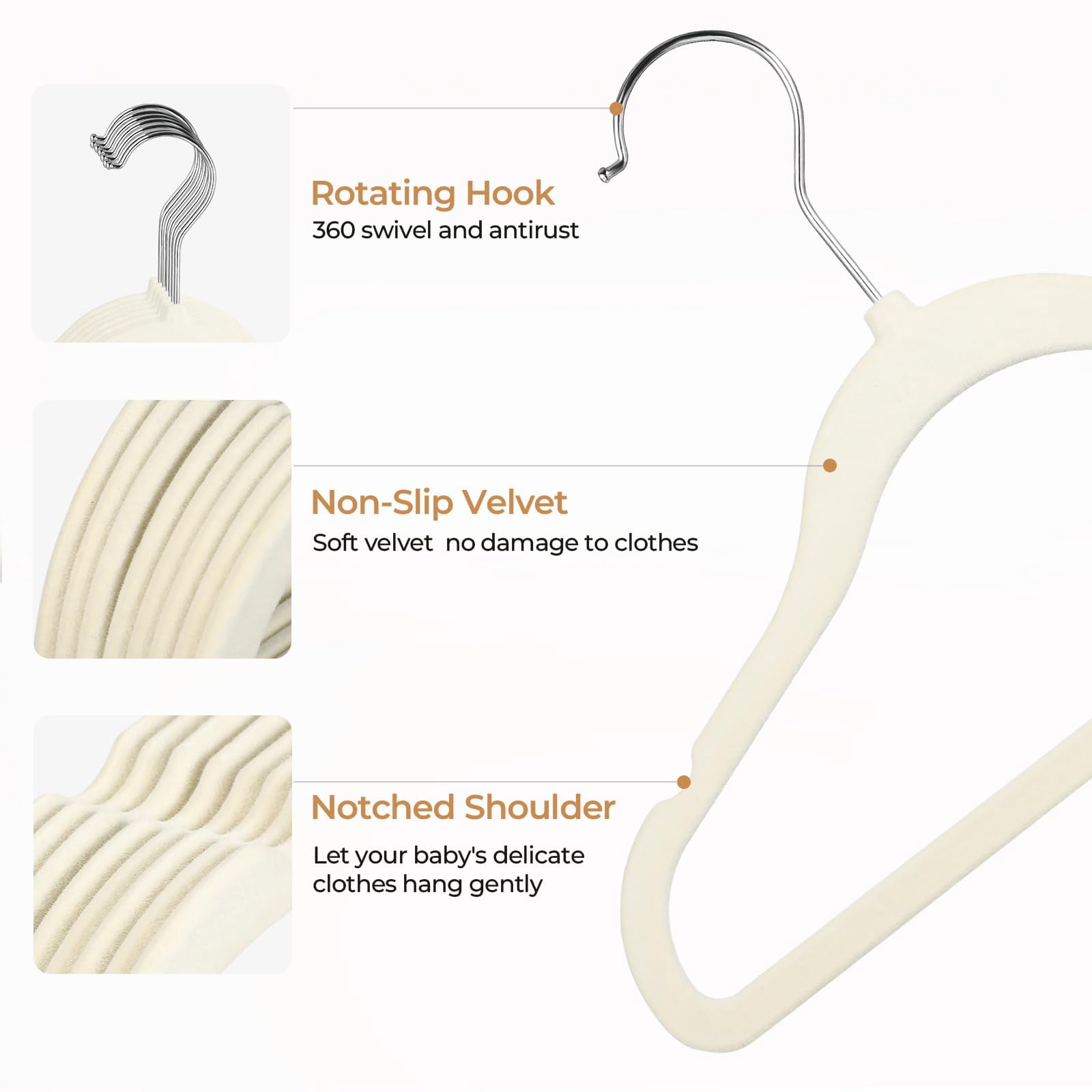 Kids Velvet Hangers 50 Pack 11.8 Inch Non-Slip Baby Toddler Clothes Hangers with Notches and Swivel Hooks Space-Saving Beige