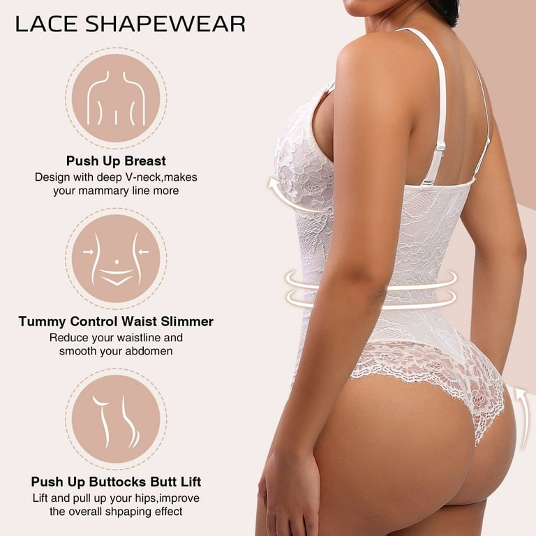 Lilvigor Lace Bodysuit for Women Tummy Control Shapewear V Neck Backless  Tank Tops One Piece Body Shaper Fajas Thongs for Daily