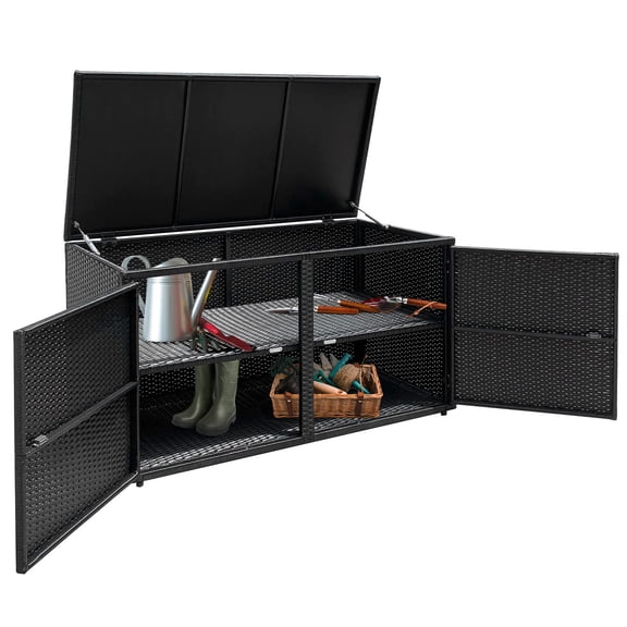 Deck Box Outdoor Storage Cabinet with Shelf, 88 Gallon Wicker Rattan Container for Garden Patio Balcony Yard, Holds Furniture Tools Sports Equipment, Black