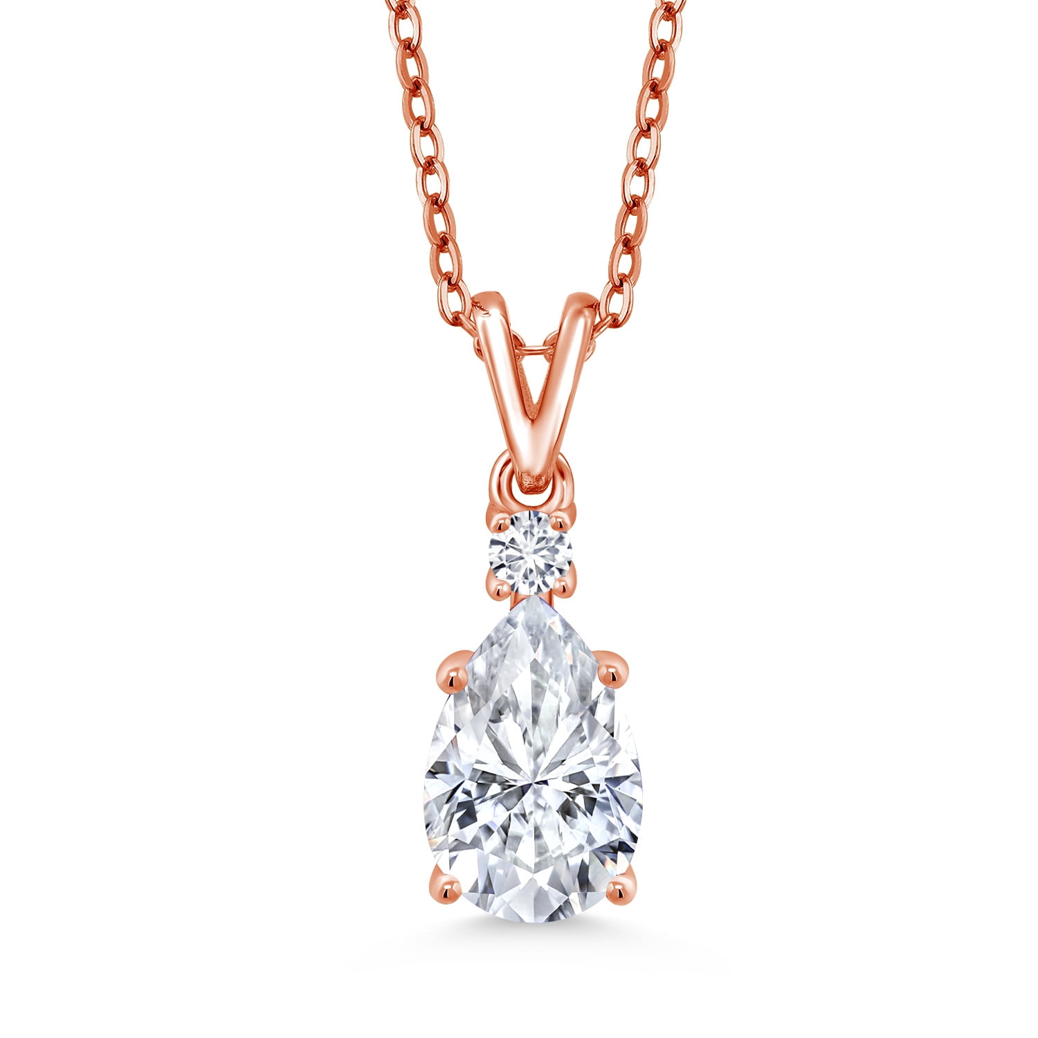 Gem Stone King 18K Rose Gold Plated Silver White Moissanite and Lab Grown Diamond Pendant Necklaces Pendant for Women | 2.04 Cttw | Pear Shape 10X7MM | April Birthstone