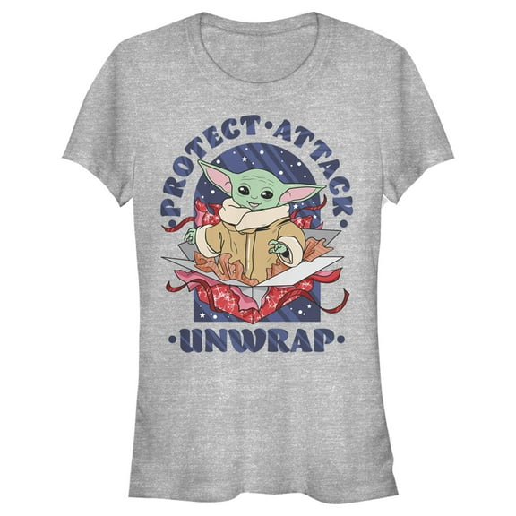 Junior's Star Wars: The Mandalorian Christmas The Child Protect Attack Unwrap  Graphic Tee Athletic Heather 2X Large