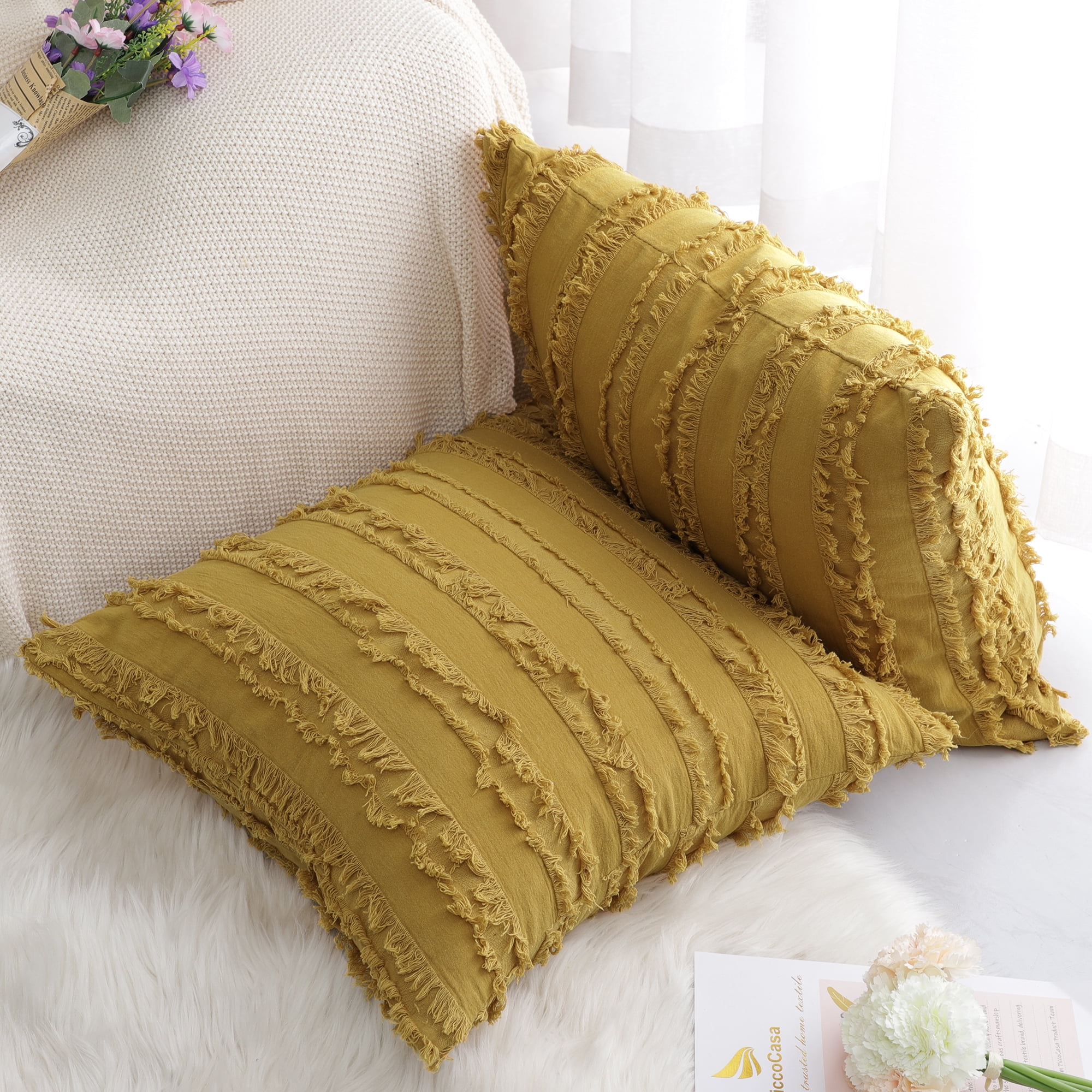 Unique Bargains 2-Pack Tassel Striped Throw Pillow Covers Yellow 18" x 18"