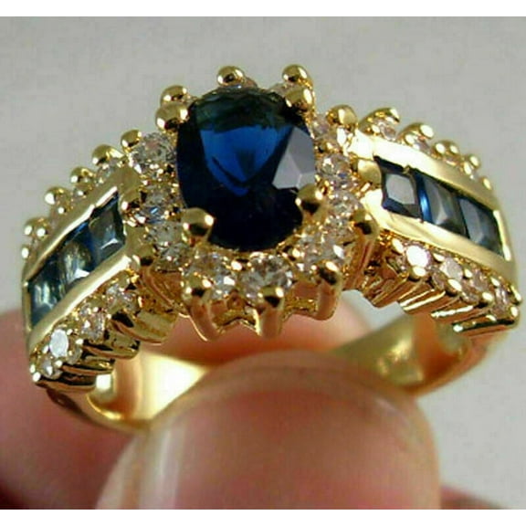 2.40Ct Oval Lab Created Blue Sapphire Engagement Ring 14K Yellow Gold Plated