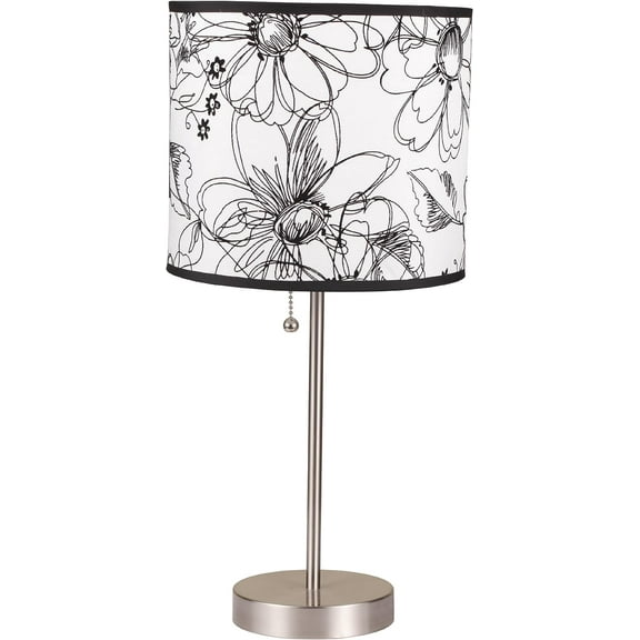 NEW Brushed Steel Base Black & White Floral Fabric Shade, Pull Chain Switch, 19" Table Lamp 8312