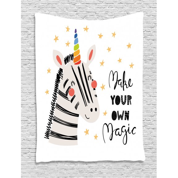 Rainbow Zebra Tapestry, Make Your Own Magic Words with Happy Animal and Stars, Wall Hanging for Bedroom Living Room Dorm Decor, 40W X 60L Inches, Charcoal Grey Multicolor, by Ambesonne