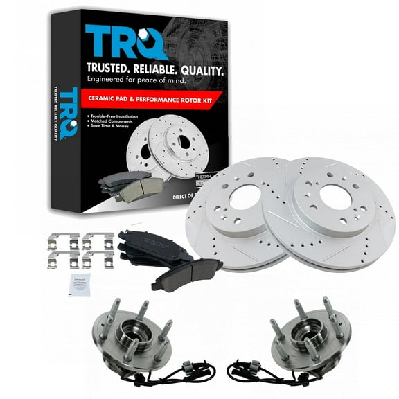 TRQ Front Performance Drilled Slotted Brake Rotor, Ceramic Pad & Wheel Bearing Kit