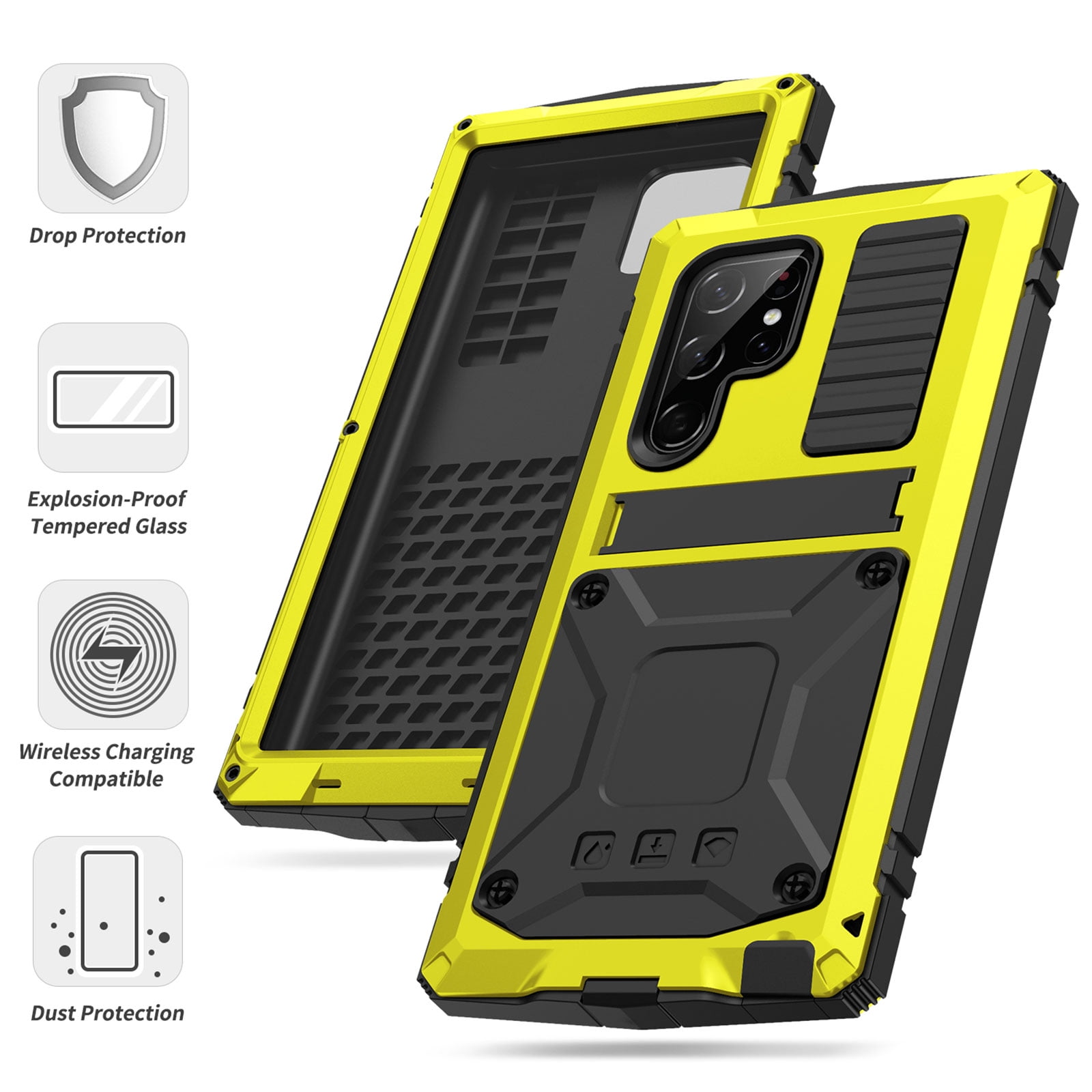 Samsung S22 Ultra Rugged Full-Body Case, Metal Bumper Built-in Screen Protector&Kickstand,Dustproof Drop-Proof,Full Body Protection Heavy Duty Military Cover For Samsung Galaxy S22 Ultra, Yellow