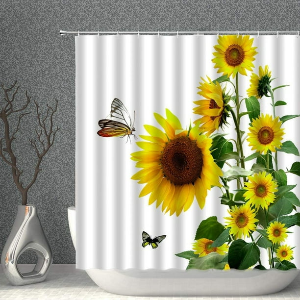 Cortina de ducha con girasoles, flores amarillas y hojas verdes, tela blanca para baño