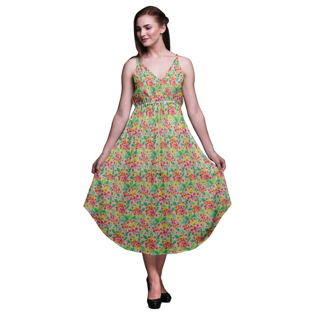 Bimba Robe Florale pour Femmes à Bretelles Spaghetti Col en V Midi Plage - Grande