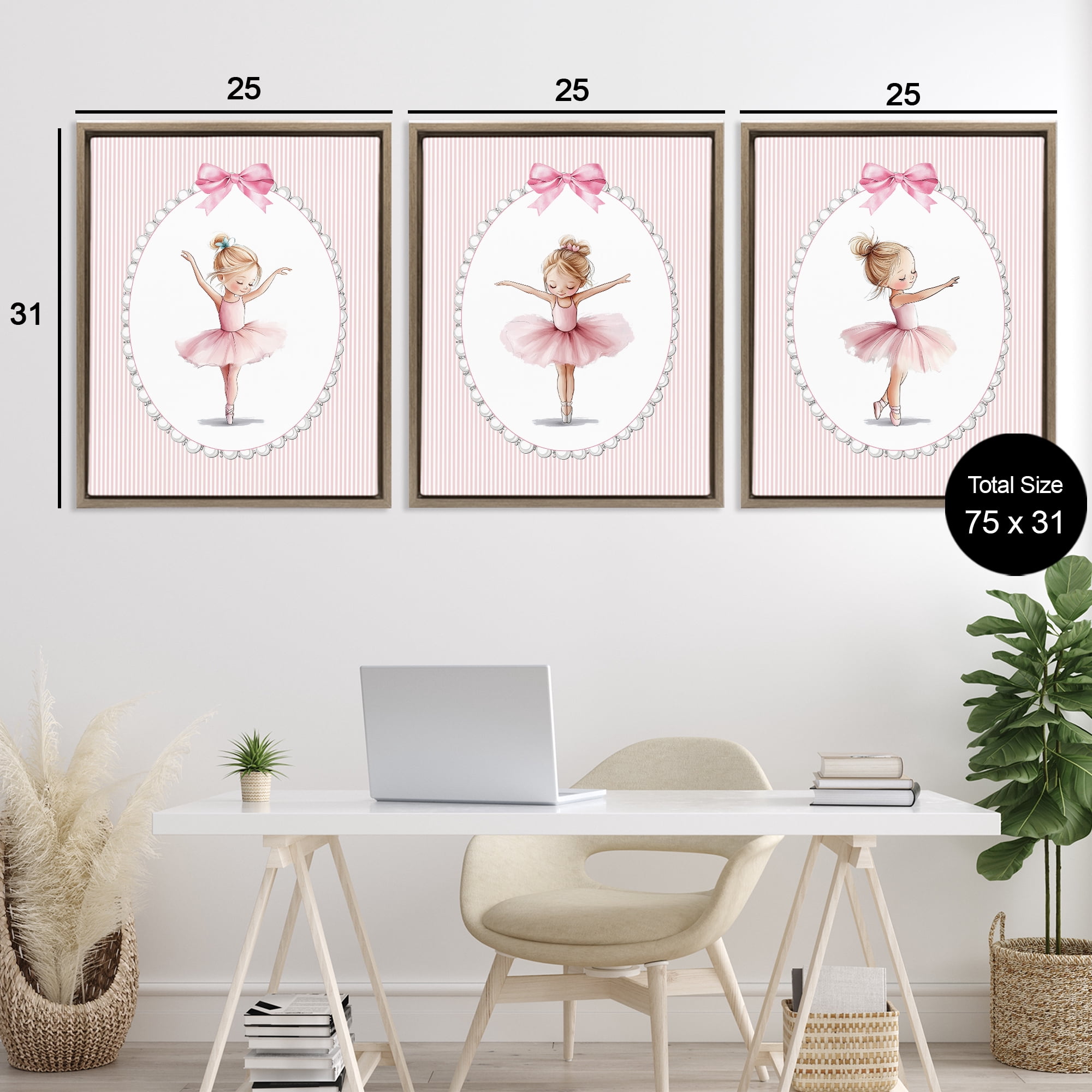 Stupell Industries Dancing Ballerinas in Pink 3 Piece Brown Framed Floater Canvas Set, design by Christine Simpson Art