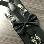 Black 4 Clip Suspender + Clip on Bow-Tie Matching Set for Adults Men Women