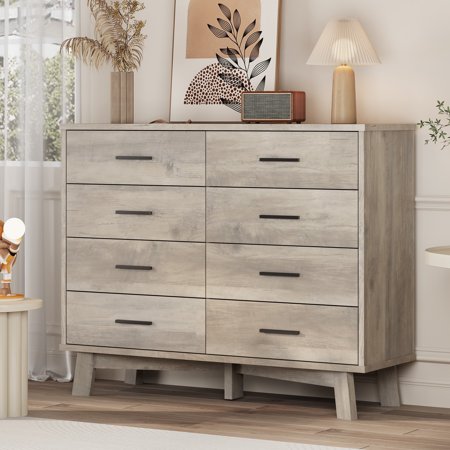 FANRAL 8 Drawer Dresser for Bedroom Wood Modern Chest of Drawers with X-Shaped Sturdy Base Gray Dresser