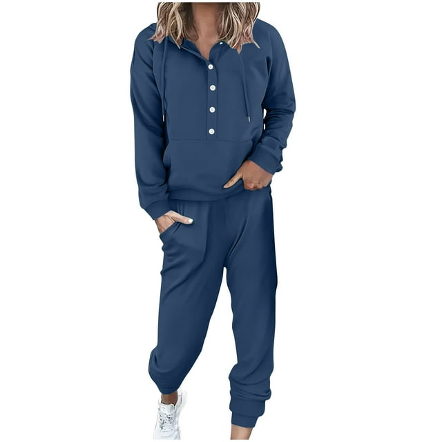 Pisexur Womens Lounge Set Trendy Casual Solid Color Matching Set Long Sleeve Button Drawstring Hooded Sweathirts Tops Wide Leg Sweatpants Tracksuit with Pockets 2 Piece Travel Outfits