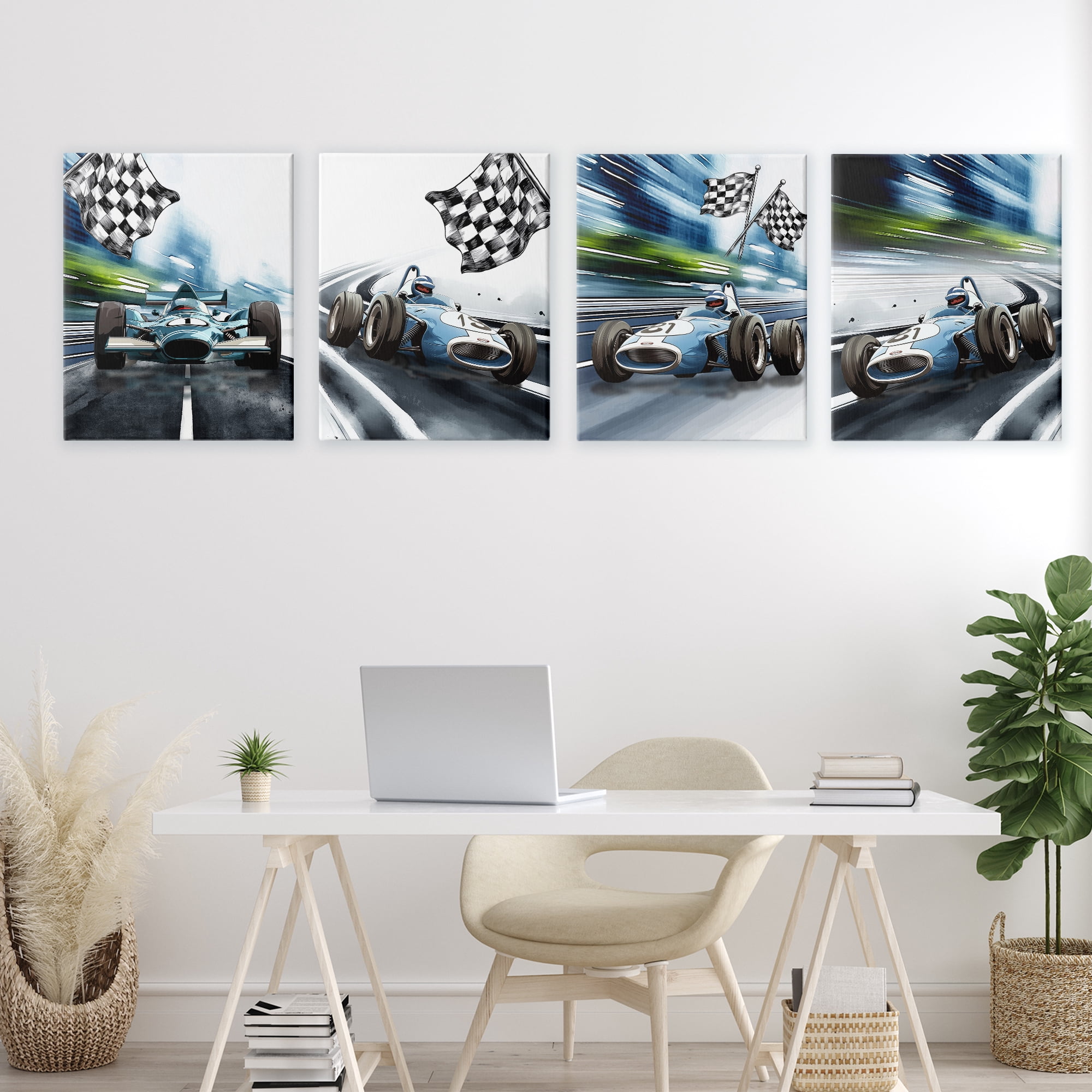 Stupell Industries Ready Set Racecars 4 Piece Canvas Wall Art Set, design by Christine Simpson Art