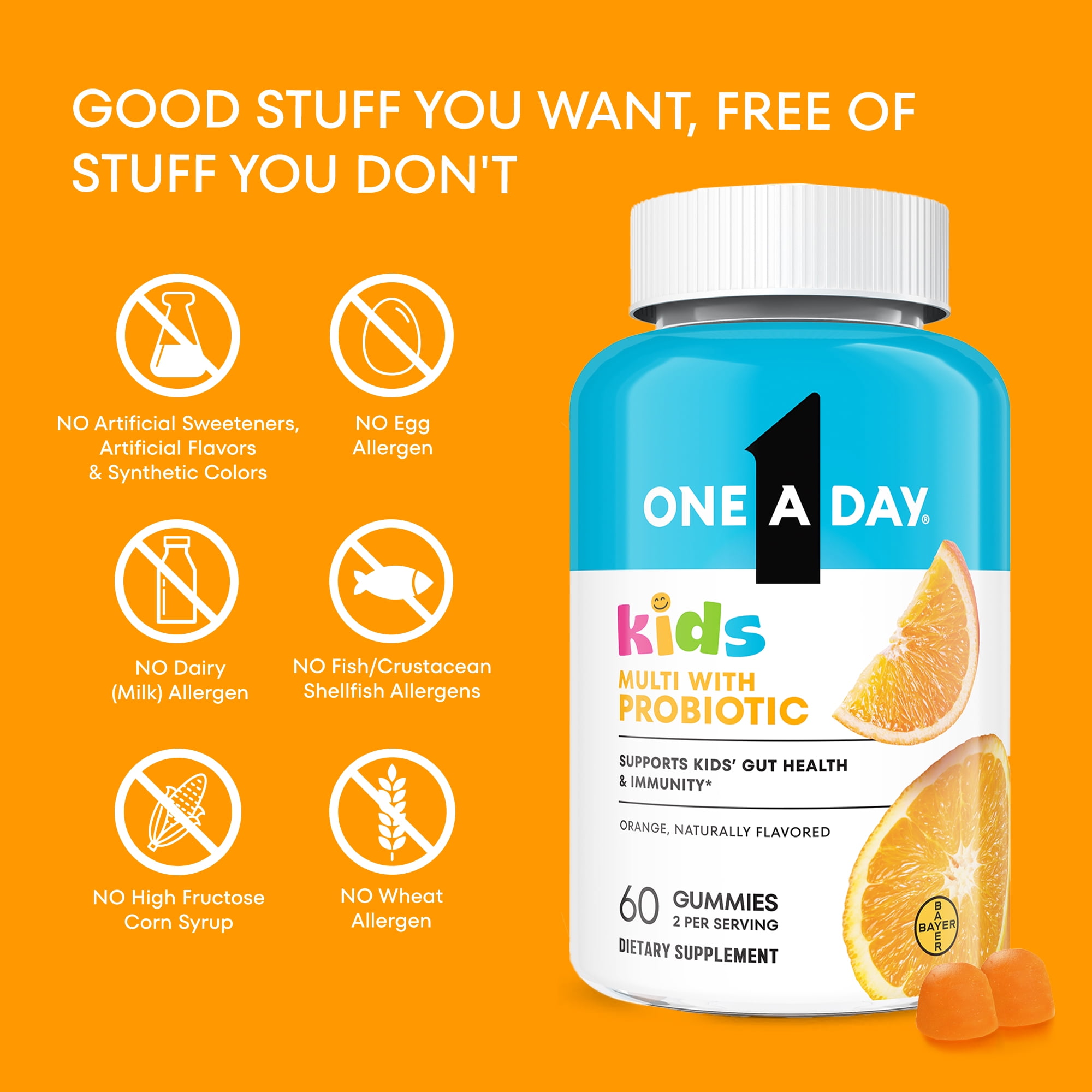 One A Day Kids Multivitamins Gummies with Immune Support, and Probiotics for kids Gut Health, Orange Flavor, 60 Count