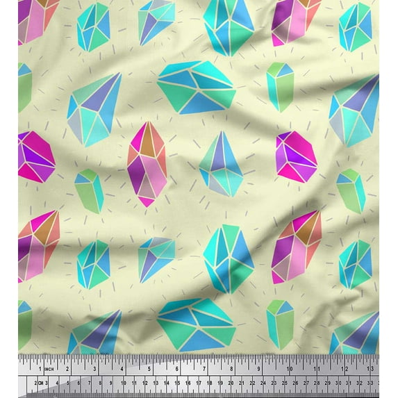 Soimoi Yellow Rayon Crepe Fabric Crystal Stone Geometric Decor Fabric Printed Yard 46 Inch Wide