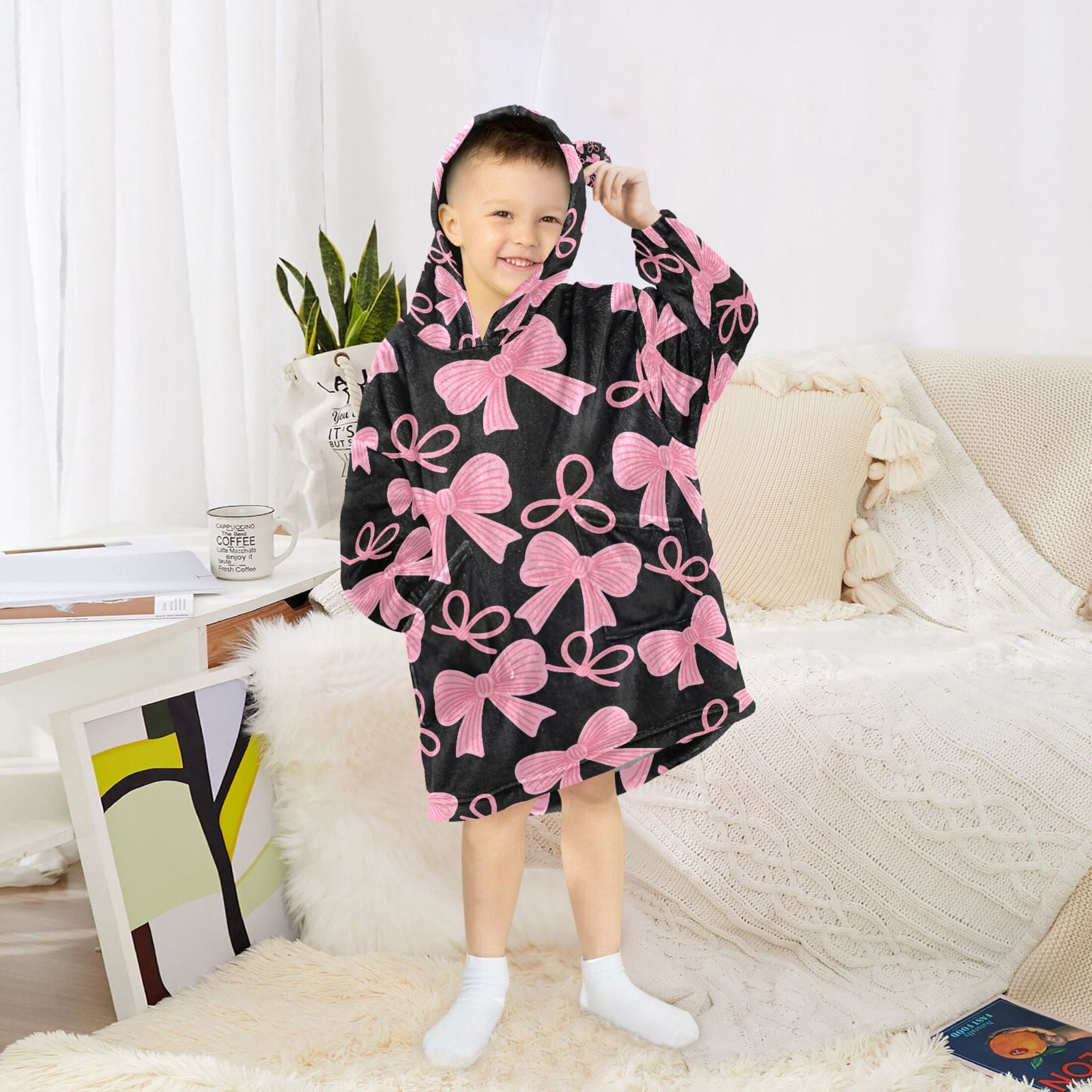 joogoo Wearable Blanket Hoodie for Pink Bows Flannel Sherpa Pocket 3-14 YR S