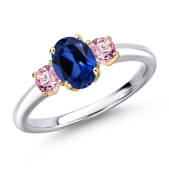 Gem Stone King 10K Two Tone Gold Blue Created Sapphire and Pink Lab Grown Diamond Engagement Ring for Women | 1.36 Cttw | Oval 7X5MM | Gemstone September Birthstone | Size 6