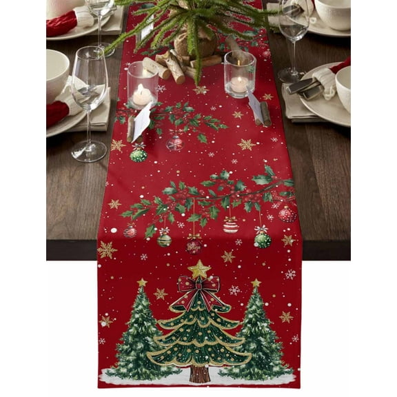 nqOlkjepod Red Christmas Tree Table Runner 60 Inches Long Farmhouse Dress Scarves, Xmas Tree Snowflake Balls Botanical Dining Tablerunner for Coffee Table/Kitchen Island/Party Décor, 13" x 60"