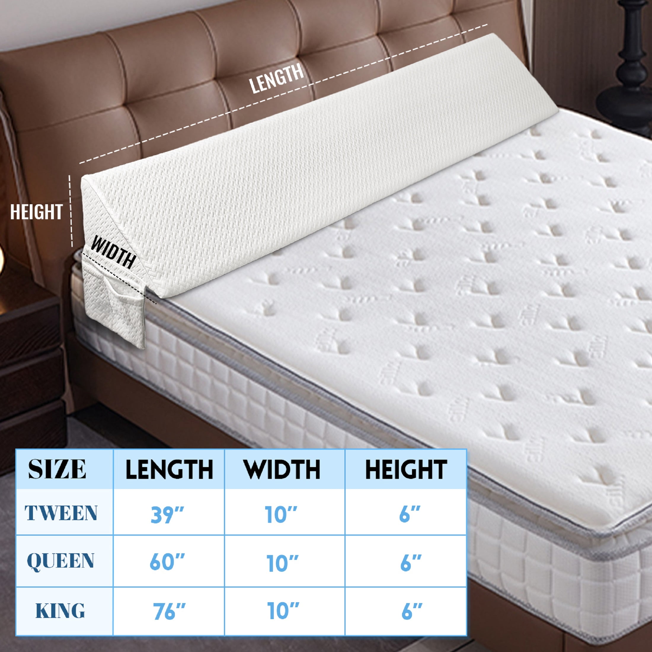 Bed Wedge Pillow - Headboard Pillow Fill The Gap 0-8" Between Headboard and Mattress, White, M