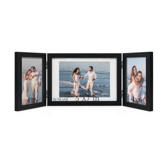 SUMGAR Three Picture Frames 5x7 4x6 Black Trifold Hinged Folding Collage Frame with 3 Opening,Wedding Family Photo Frame Vertical for Wall Table Decor