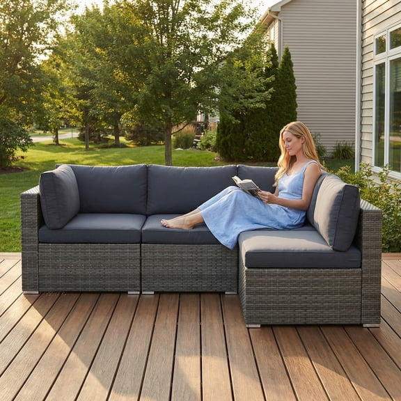 Heynemo 4-Piece Modular Rattan Patio Furniture Set, Wicker Outdoor Sectional Sofa with Cushions for Porch Balcony Backyard, Gray