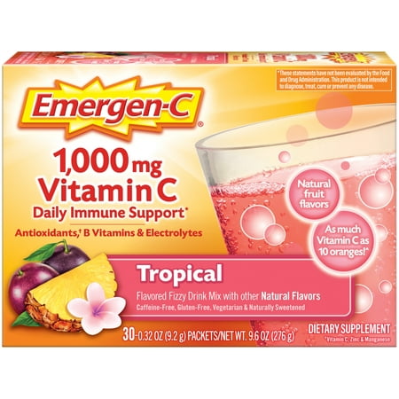 Emergen-C 1000Mg Vitamin C Powder, With Antioxidants, B Vitamins and Electrolytes for Immune Support, Caffeine Free Vitamin C Supplement Fizzy Drink Mix, Tropical Flavor - 30 Count/1 Month Supply