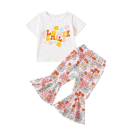 

Bagilaanoe 2Pcs Toddler Baby Girl Long Pants Set Letter Print Short Sleeve T-Shirt Tops + Flower Print Flare Trousers 6M 12M 18M 24M 3T 4T 5T Kids Casual Outfits