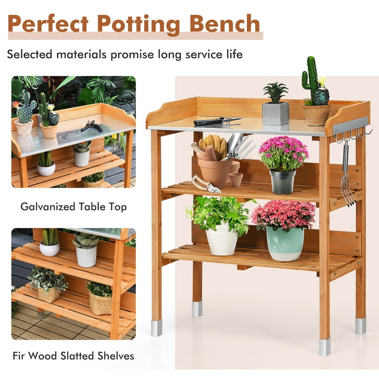 Outsunny Garden Storage Cabinet Potting Bench Table With Galvanized Top