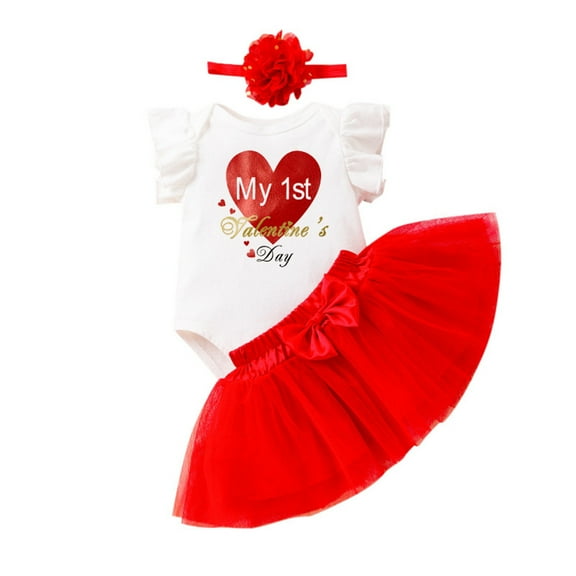 VNKIDY Valentine's Day Girls Baby Heart Prints Jumpsuit Set Ruffled Sleeve Crewneck Bodysuit Tulle Skirt With Headband For Casual Daily Wear Lovely Romper