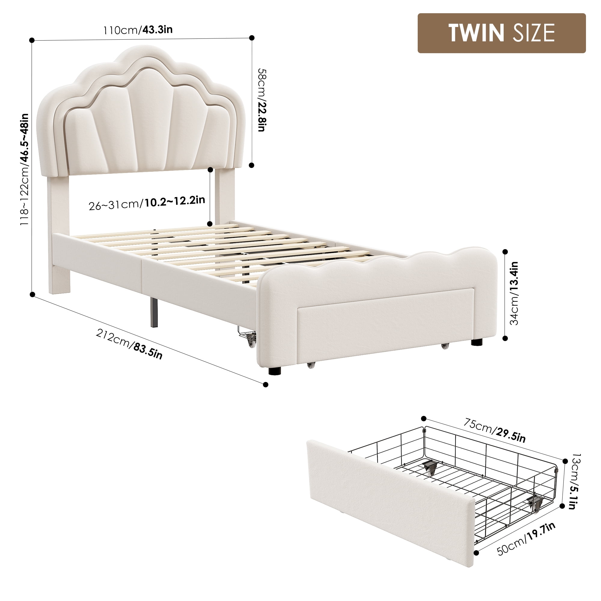 Homfa Twin Size LED Bed Frame with Storage Drawers, Velvet Upholstered Platform Bed with Adjustable Petal Headboard, RGB LED Lights Bed for Bedroom, Beige