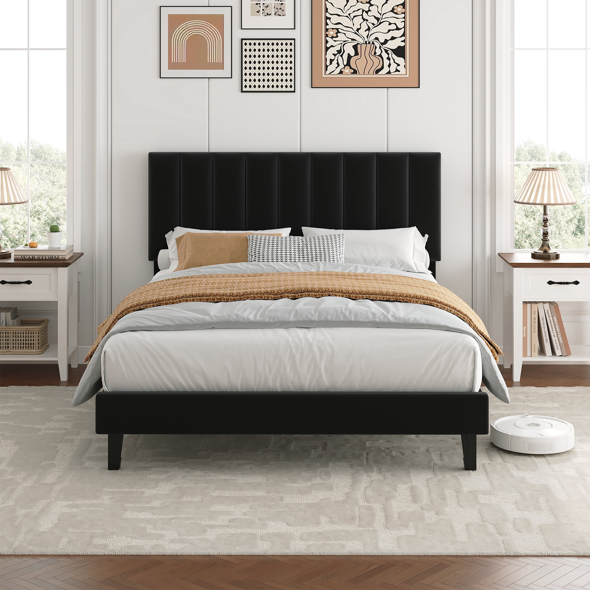 GOGRANT Velvet Upholstered Platform Bed Frame with Adjustable Headboard, Full