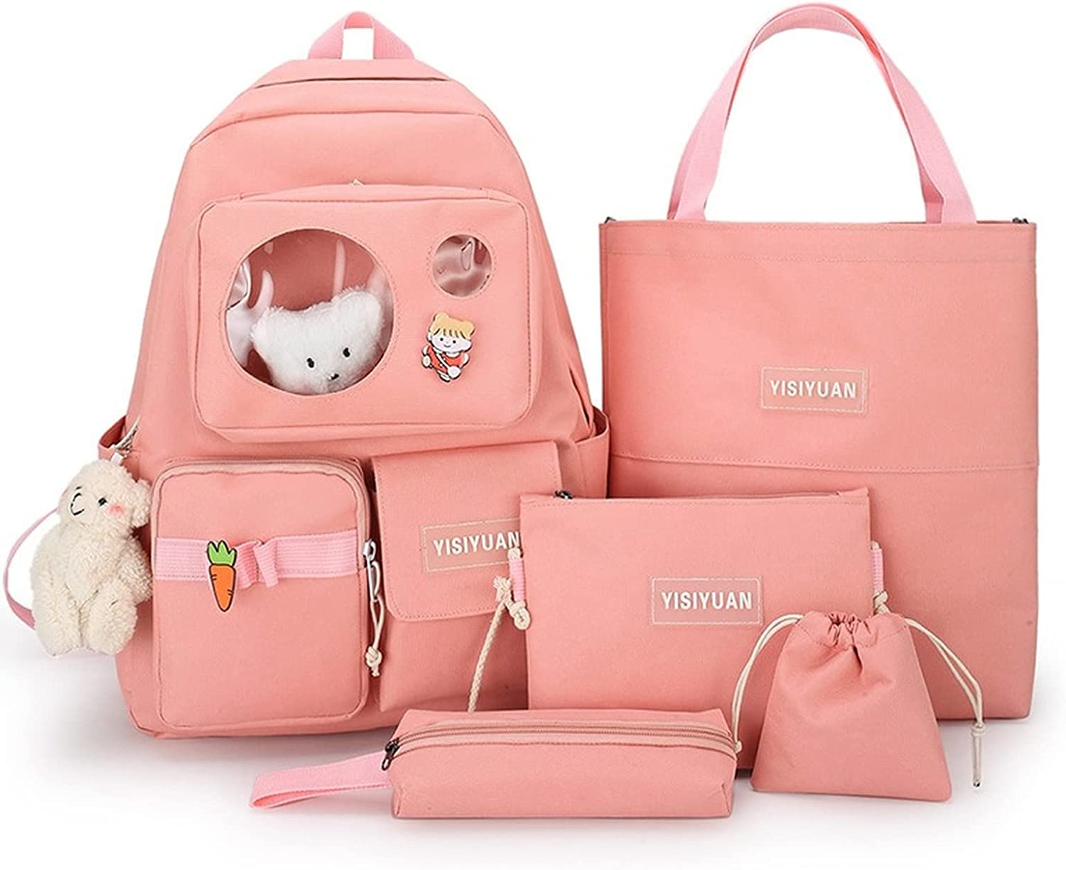 5Pcs Kawaii Cute Backpacks Combo Set with Bear Pendant & Pins Back To