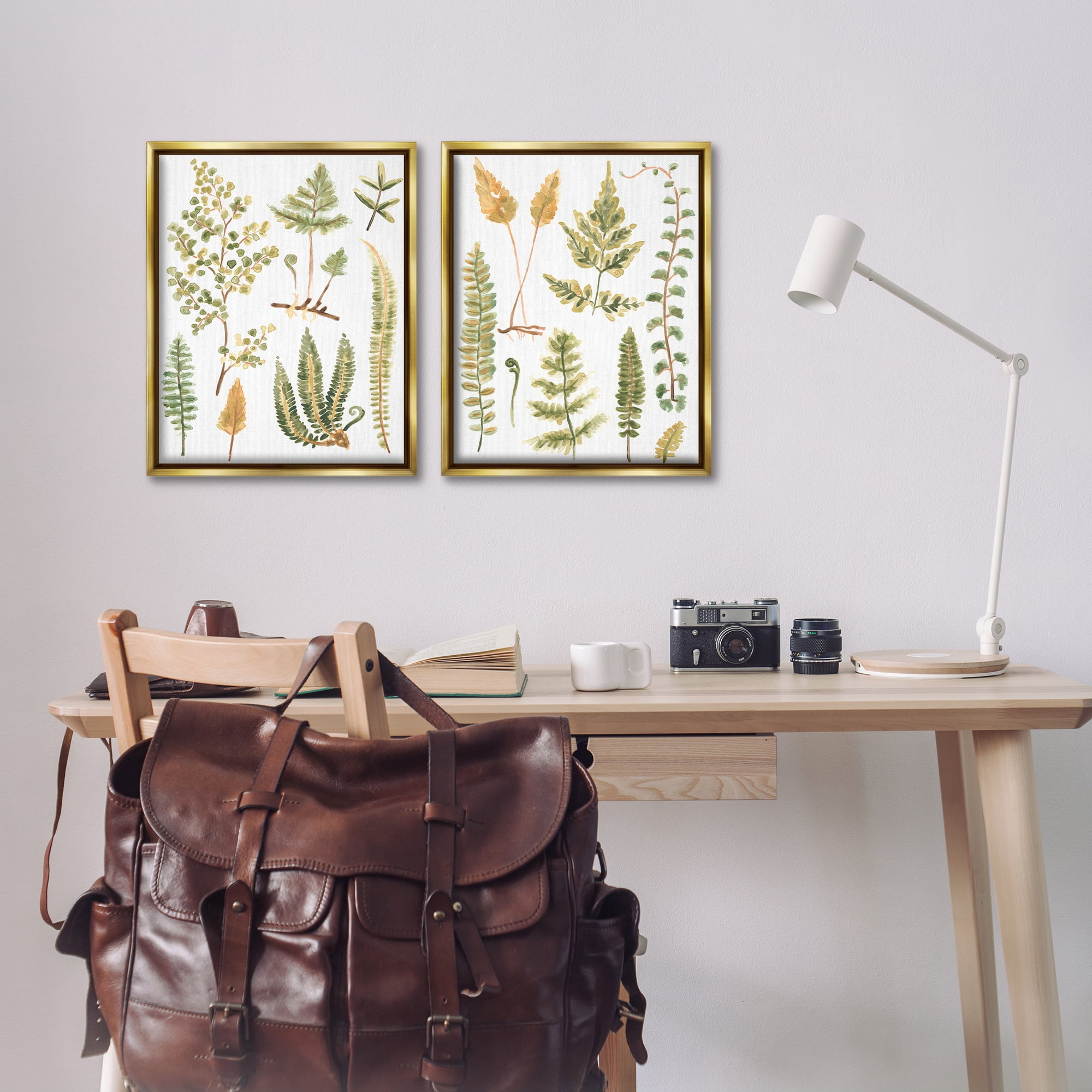 Stupell Industries Watercolor Fern Leaves Plants & Flowers Painting Gold Floater Framed Canvas Art Print Wall Art, 17 x 21, Set of 2