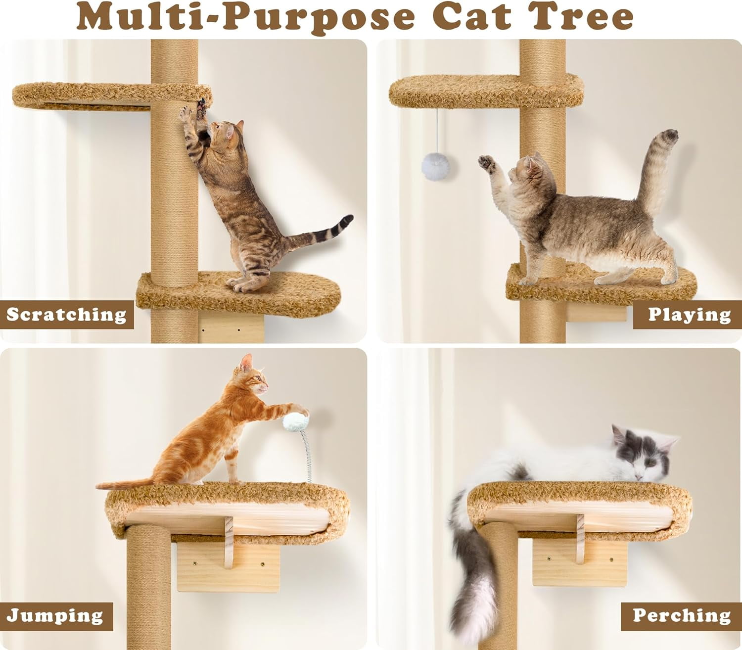 5-Tier Tall Cat Tree for Kittens, Floor to Ceiling Wall Mounted Cat Wall Shelves with Brown Plush Pads, Adjustable Wild Simulation Cat Tower for Climbing, Scratching & Lookout