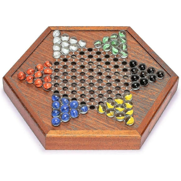 Wooden Chinese Checkers Halma Board Game Set - 32.2 Centimeters - With Drawers And Colorful Glass Marbles