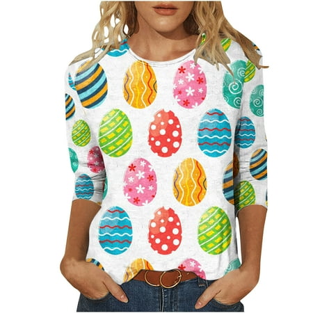 Moxiu Ladies Easter Print Tops Easter Shirts for Women Spring 3/4 Sleeve Crewneck Cute Eggs Pattern Tee Tops Graphic Holiday Tunic Top 2025 Blue XXXXXL