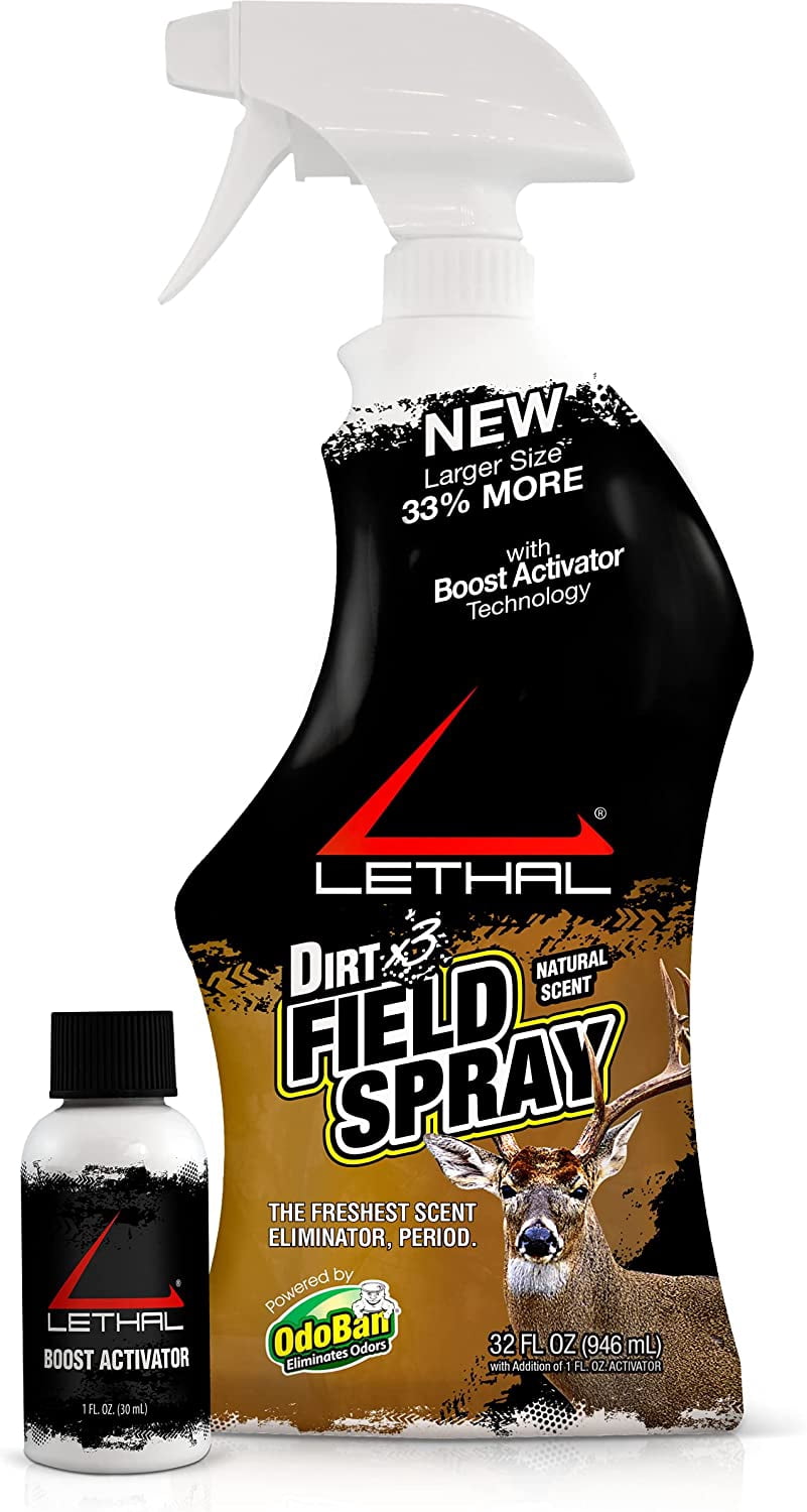 LETHAL Dirt x3 Field Spray Cover Scent, Attractant and Human Scent Eliminator for Hunting Clothes, Gear and Equipment, Natural Scent, 32 Ounce Spray 2-Pack
