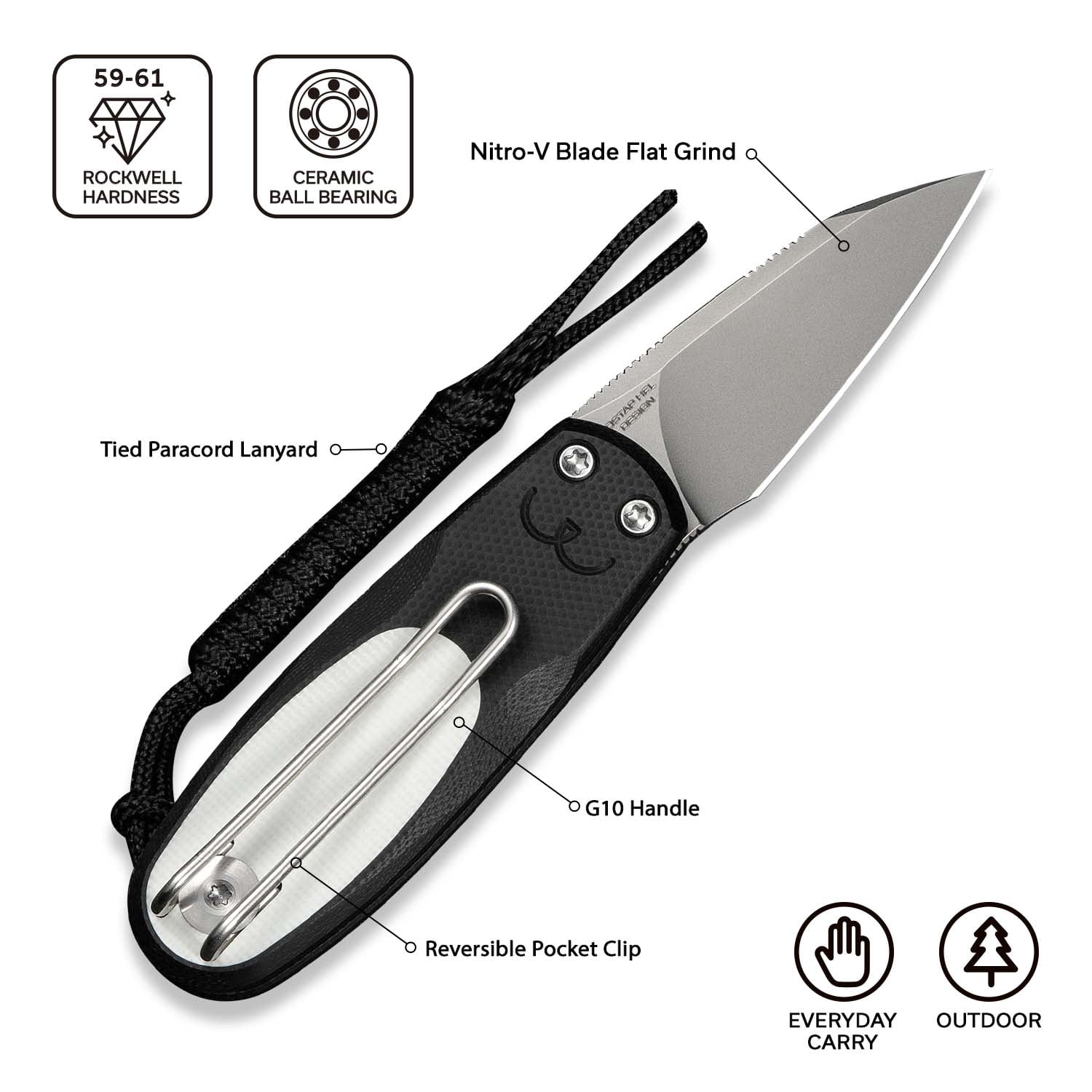 CIVIVI Purr Pocket Knife Folding Knife Slip Joint Knife with 1.83" Stonewashed Nitro-V Blade Black & White G10 Handle C25054-2, With 1PC Black Lanyard