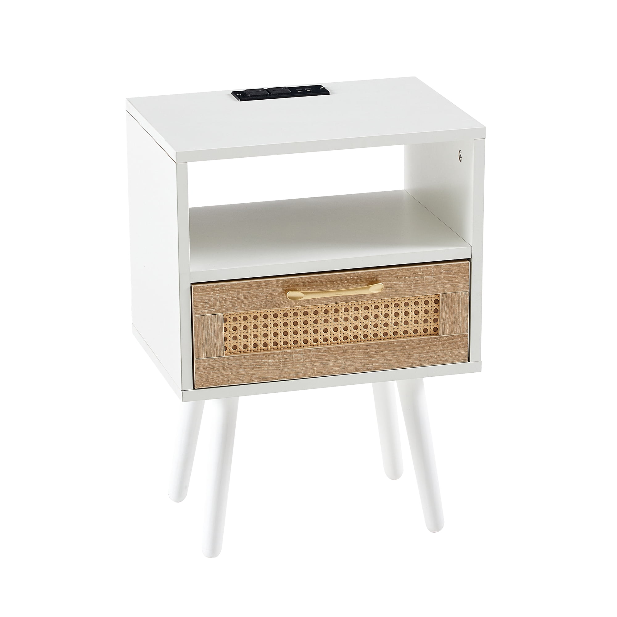 MAYEERTY 15.75" Rattan End Table with Power Outlet & USB Ports – Modern Nightstand with Drawer & Solid Wood Legs, White