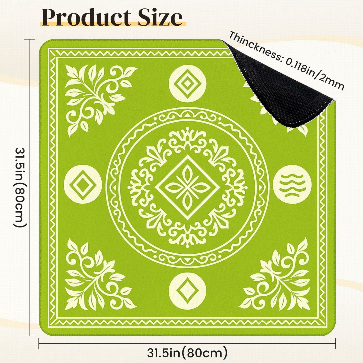 Mahjong Mat 31.5" x 31.5" Green Floral Mandala Diamond Wave Elements Anti-Slip and Noise Reduction Symmetry Design Mahjong Tiles Table Cover for Dominoes Poker Card Board and Tile Games