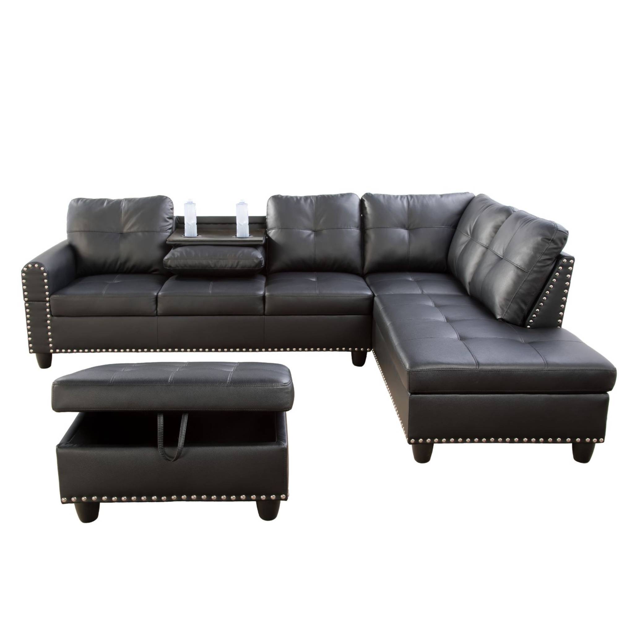 Modern L-Shaped Sectional Sofa Set with Left Chaise & Ottoman - Faux Leather Tufted Modular Couch for Living Room, Black