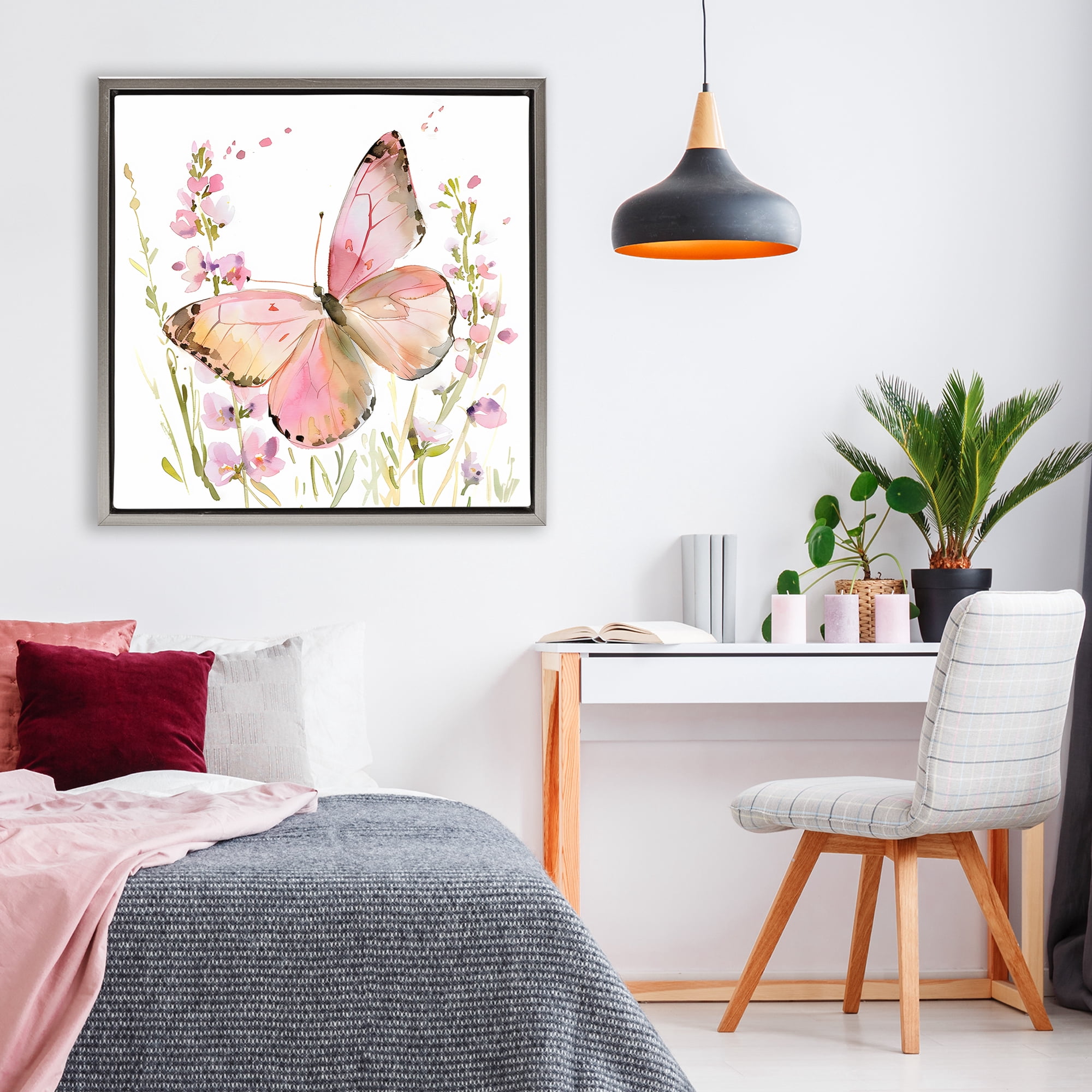 Stupell Industries Colorful Spring Butterfly Pink Gray Framed Floater Canvas Wall Art, design by Creative Studio