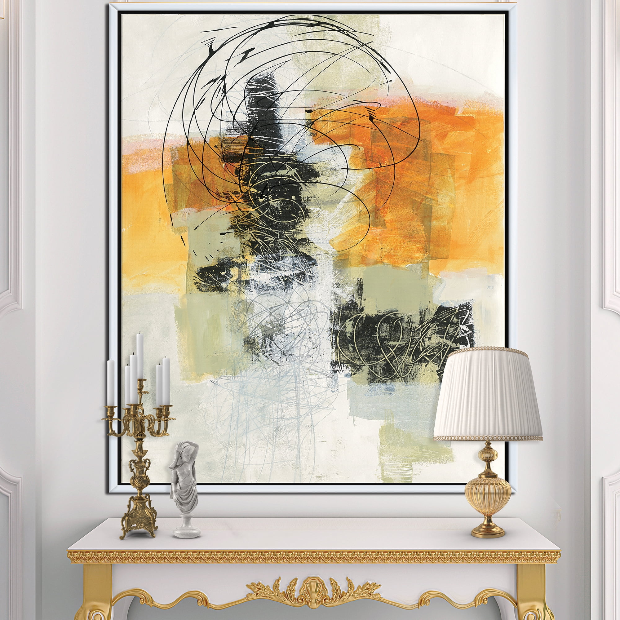 Designart ' Abstract Composition of Glamorous Yellow and Black ' Contemporary Framed Canvas