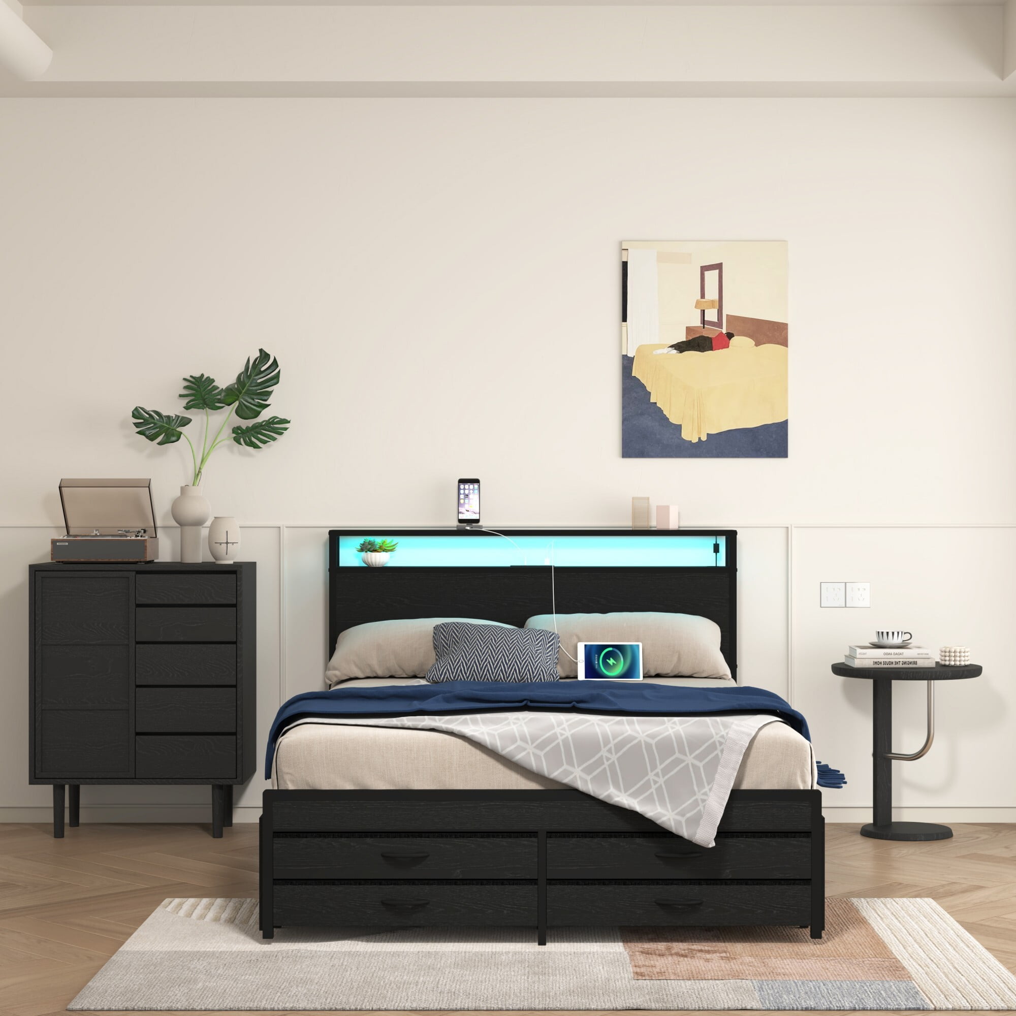 AENKYO Full Size Bed Frame with 8 Storage Drawers, Headboard with Charging Station and LED Lights, Black