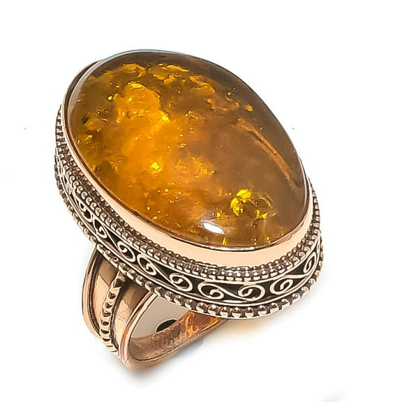 Natural Baltic Amber Gemstone Handmade Copper Jewelry Ring Size 8