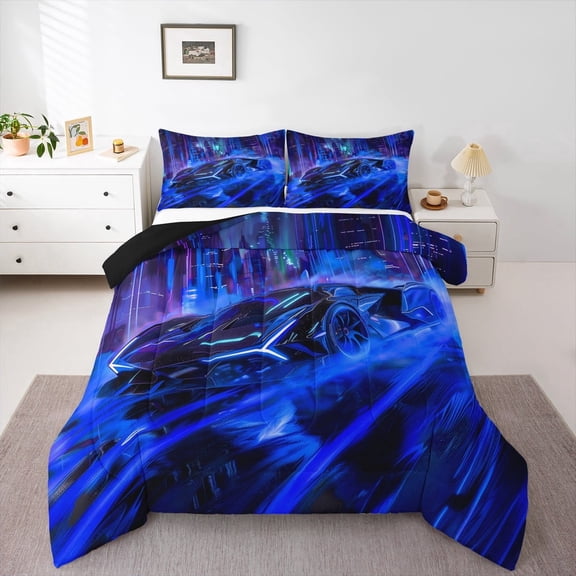 Manfei Fast Car 2pcs Bedding Comforter Set,Racing Car Twin Comforter Sets,Extreme Sport Bedding Set,Breathable Car Room Decorative,Reversible