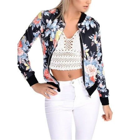 Womens Bomber Floral Printed Jackets Classic Zip Up Biker Vintage Coat